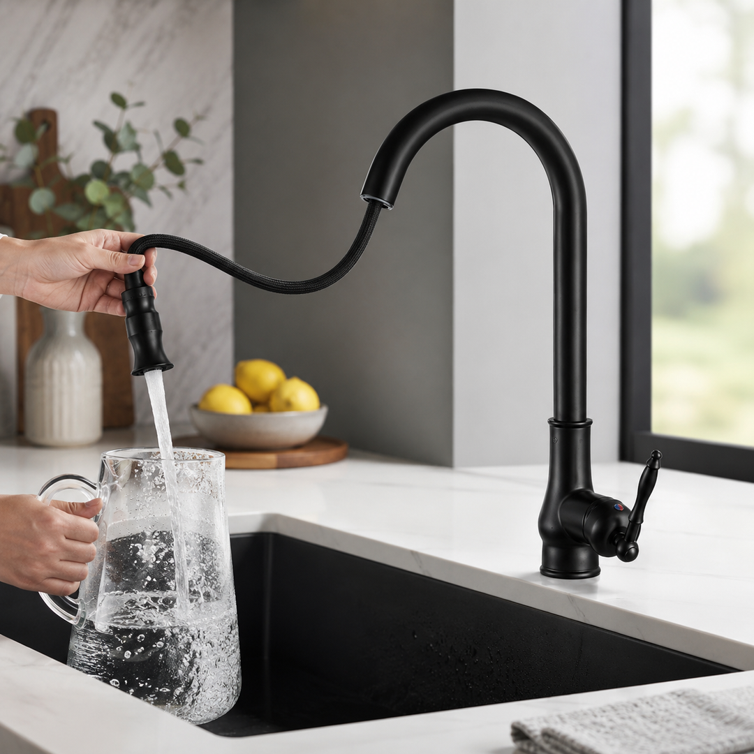 Robinet de cuisine élégant, disponible en bronze antique ou noir, avec douchette rétractable pour un usage moderne.