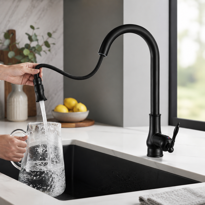 Robinet de cuisine élégant, disponible en bronze antique ou noir, avec douchette rétractable pour un usage moderne.
