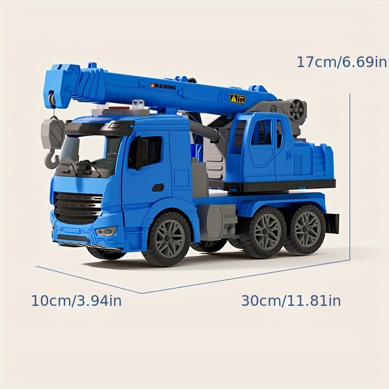 Enfant s'amusant avec un camion grue robuste, lumières vives et sons réalistes pour un jeu de chantier immersif.