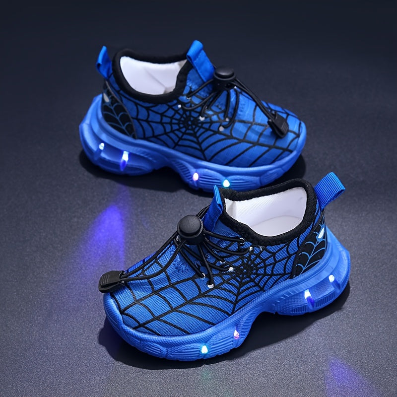 Chaussures enfant avec lumières LED, motif toile d'araignée distinctif. Baskets LED.