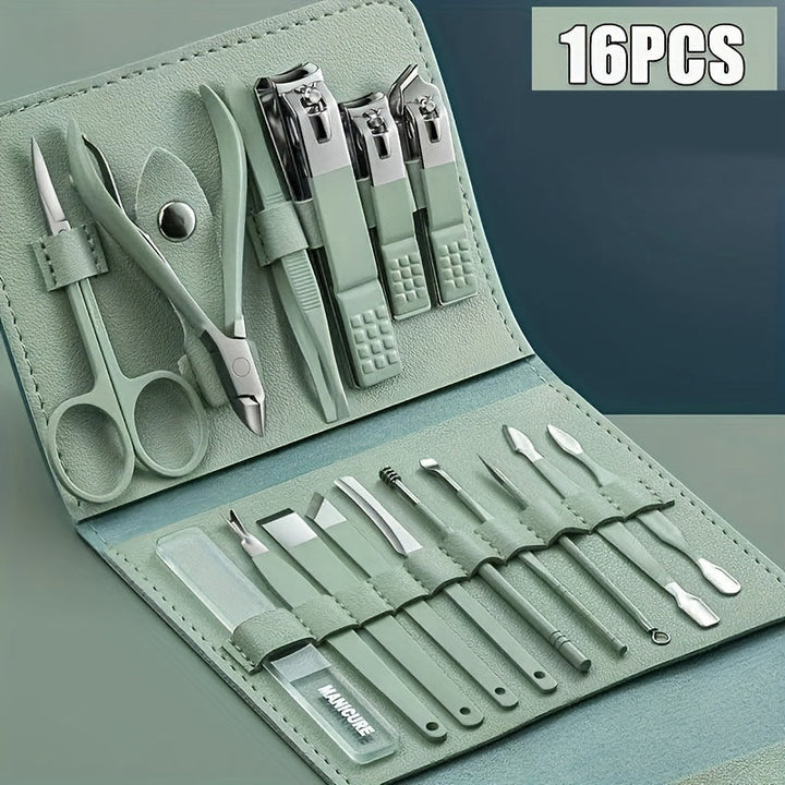 Coupe-ongles, lime, ciseaux: kit manucure pédicure 16 pièces acier inoxydable pour soin des ongles précis.