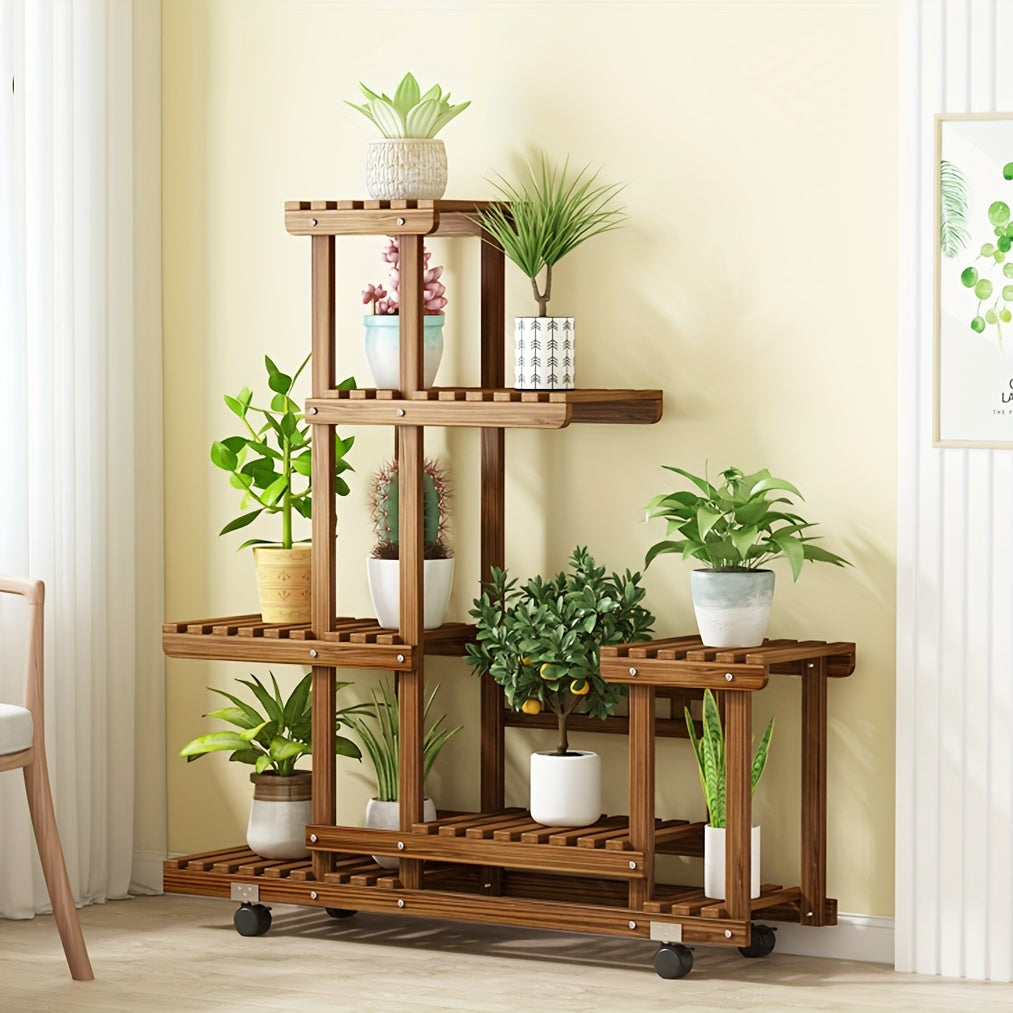 Support de plantes multi-niveaux en bois traité carbonisé, design élégant pour tout espace.