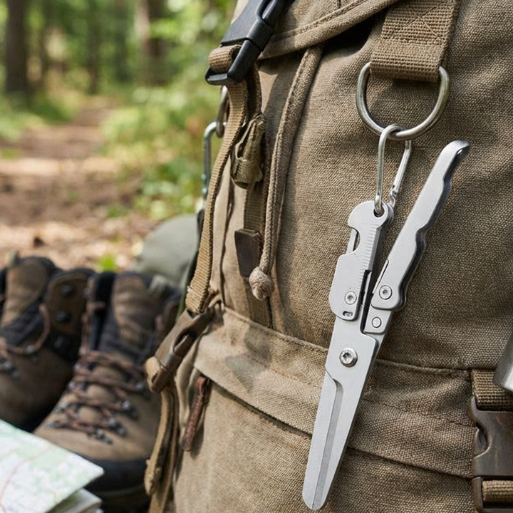 Outil de poche portable avec ciseaux de précision, essentiel pour camping, randonnée et petites réparations urgentes.