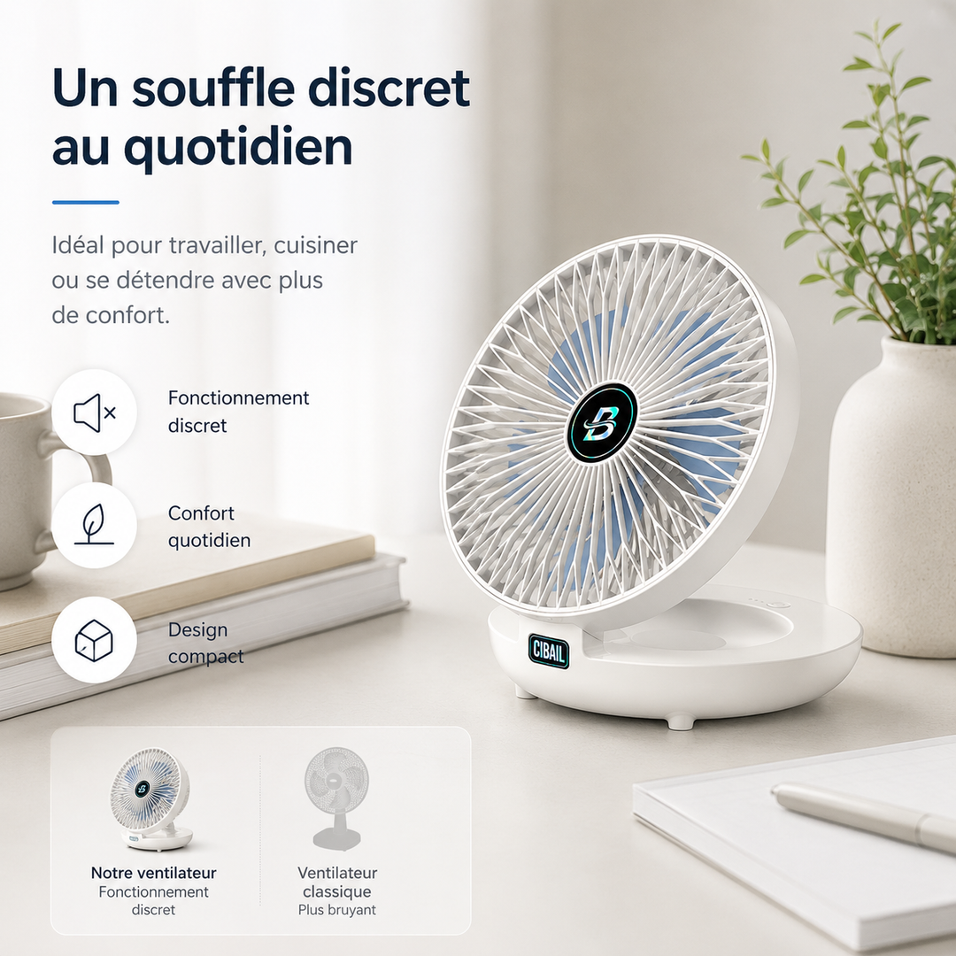 Ventilateur de bureau pliable et mural. Rechargeable pour une utilisation flexible à la maison ou au travail.