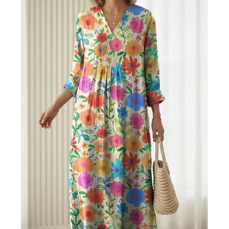 Robe midi fluide et chic pour femme, manches élégantes. Tenue décontractée ou sophistiquée, parfaite printemps-été.