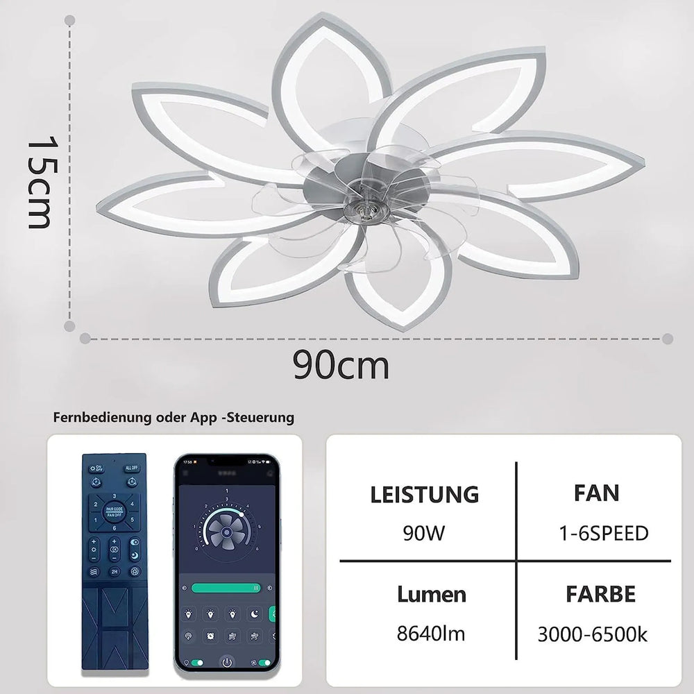 Ventilateur plafond LED moderne avec motif floral et éclairage. Contrôle via télécommande ou application mobile.