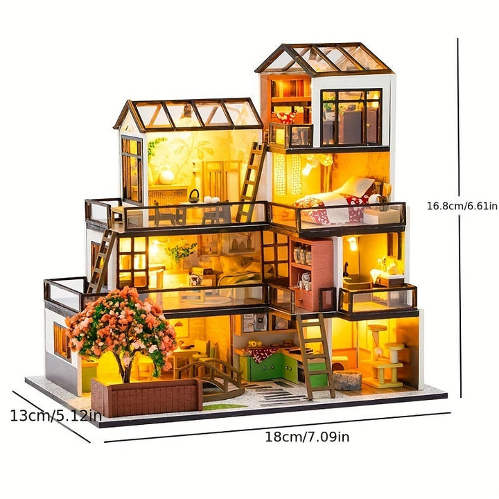 Puzzle 3D villa miniature. Maquette artisanale détaillée avec LED, excellent cadeau créatif pour loisirs DIY.