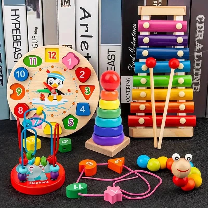 Ensemble Montessori 5-en-1 en bois pour bébé, éveil et apprentissage précoce.