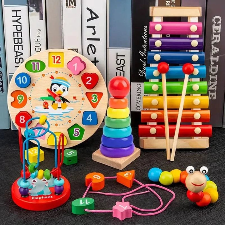 Ensemble Montessori 5-en-1 en bois pour bébé, éveil et apprentissage précoce.