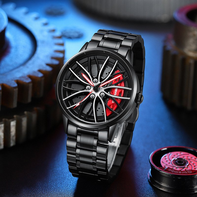 Accessoire masculin: montre sportive design voiture course, boîtier acier, must-have homme.