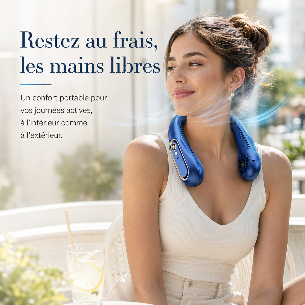 Ventilateur de cou rechargeable USB, idéal pour voyage, bureau ou sport, fraîcheur mains libres portable.