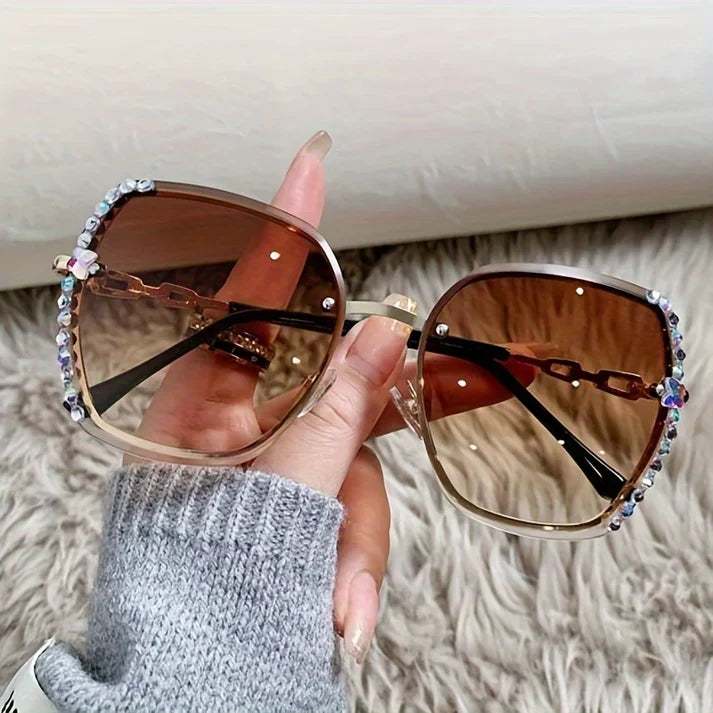 Lunettes de soleil femme chics, protection UV, sans monture, avec de magnifiques cristaux scintillants.