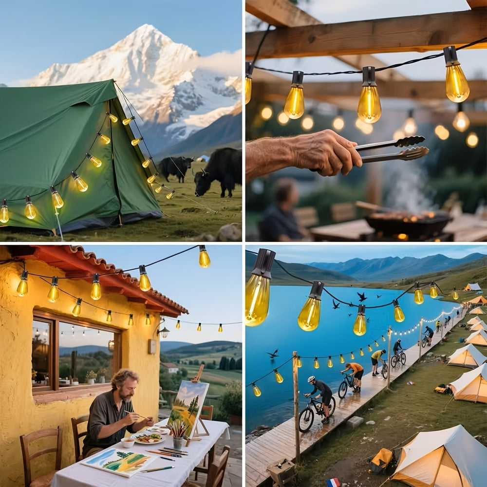 Éclairage extérieur LED jaune, guirlande solaire dimmable pour jardin et terrasse. Résistante intempéries.