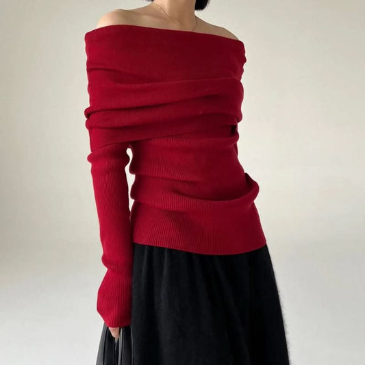 Off-shoulder Ribbstickad Topp - Figursydd - Långärmad