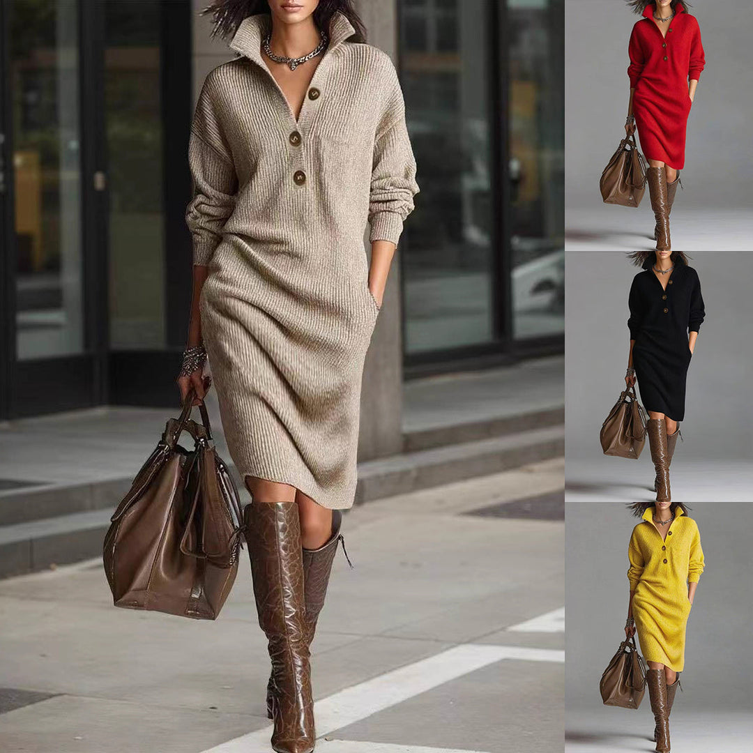 Robe pull femme élégante, col montant à V, manches longues avec boutons. Parfaite pour l'automne-hiver.