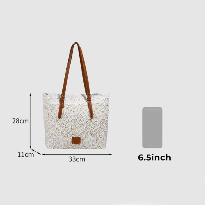 Chic sac fourre-tout blanc en dentelle et cuir PU, style vintage pour femme, élégant et pratique.