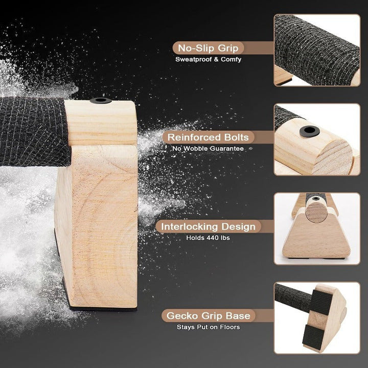 Barres parallèles bois polyvalentes pour yoga, gymnastique, musculation et entraînement poids corps à domicile.