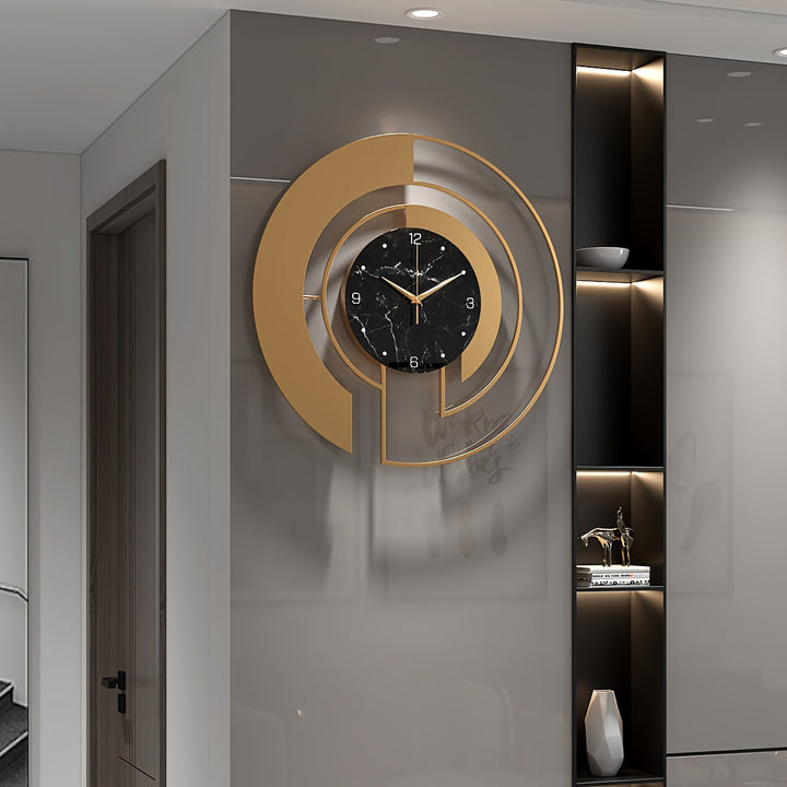 Design élégant d'horloge murale, style géométrique contemporain, silencieuse.