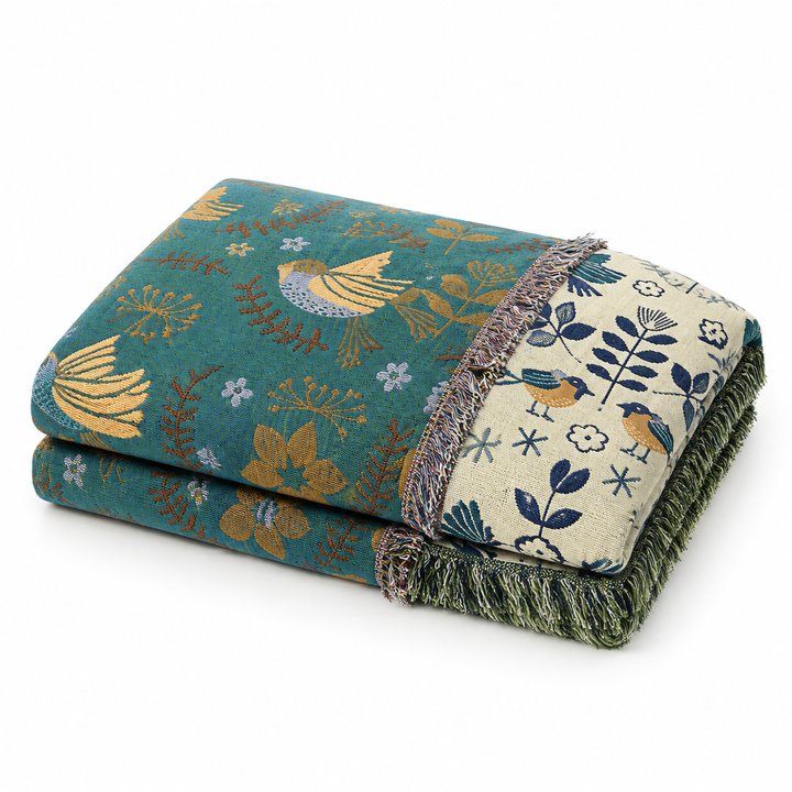 Couverture réversible en coton, motifs oiseaux et fleurs. Parfait pour lit ou canapé, style bohème-scandinave.