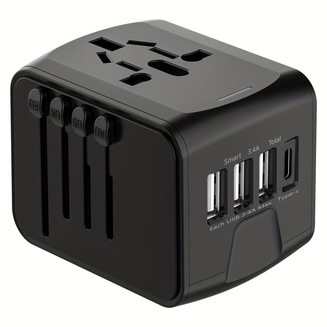 Adaptateur de voyage universel compact, chargeur rapide avec plusieurs ports USB et Type-C.