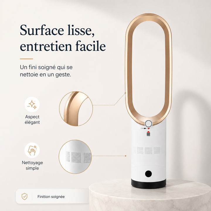 Tour AeroLuxe sans lame, technologie avancée. Appareil 2-en-1 intelligent pour un confort optimal.