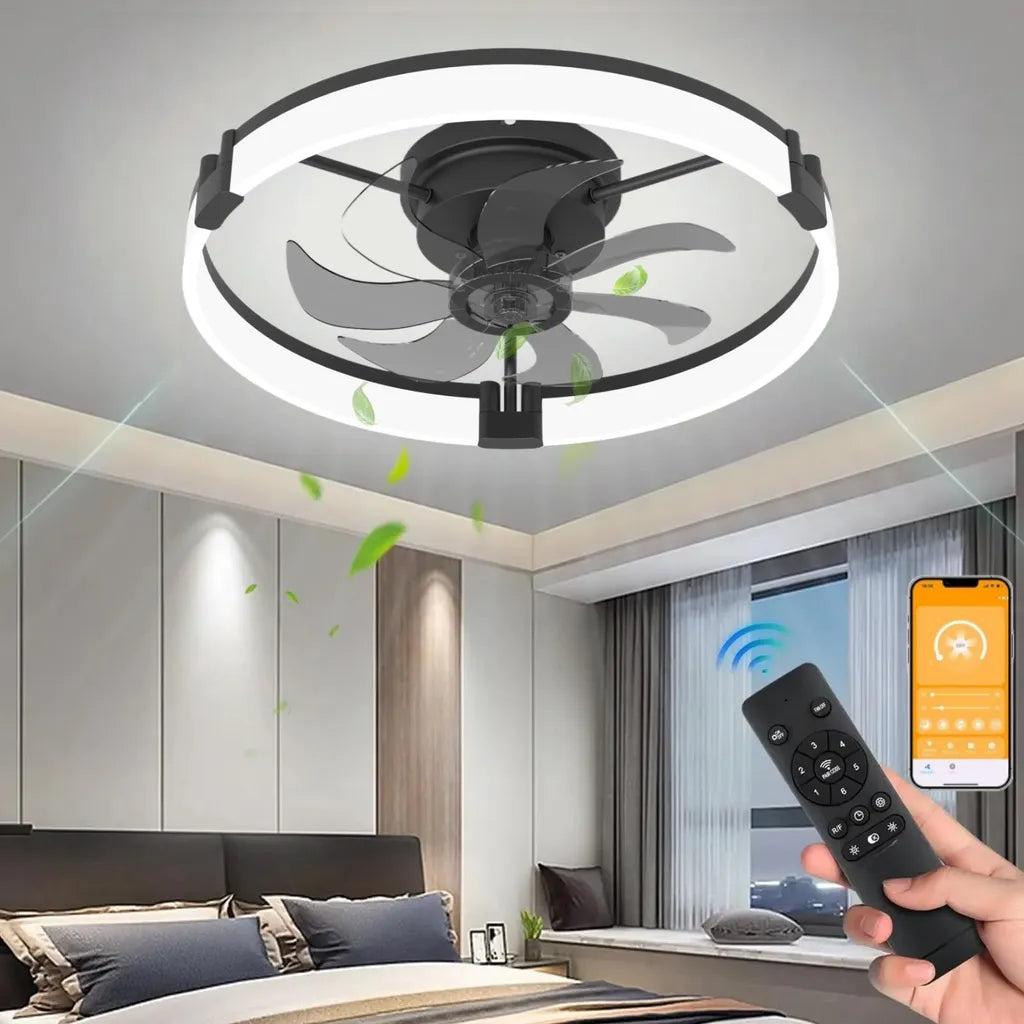 Ventilateur de plafond LED moderne et silencieux avec lumière intelligente, idéal pour le confort de la maison.