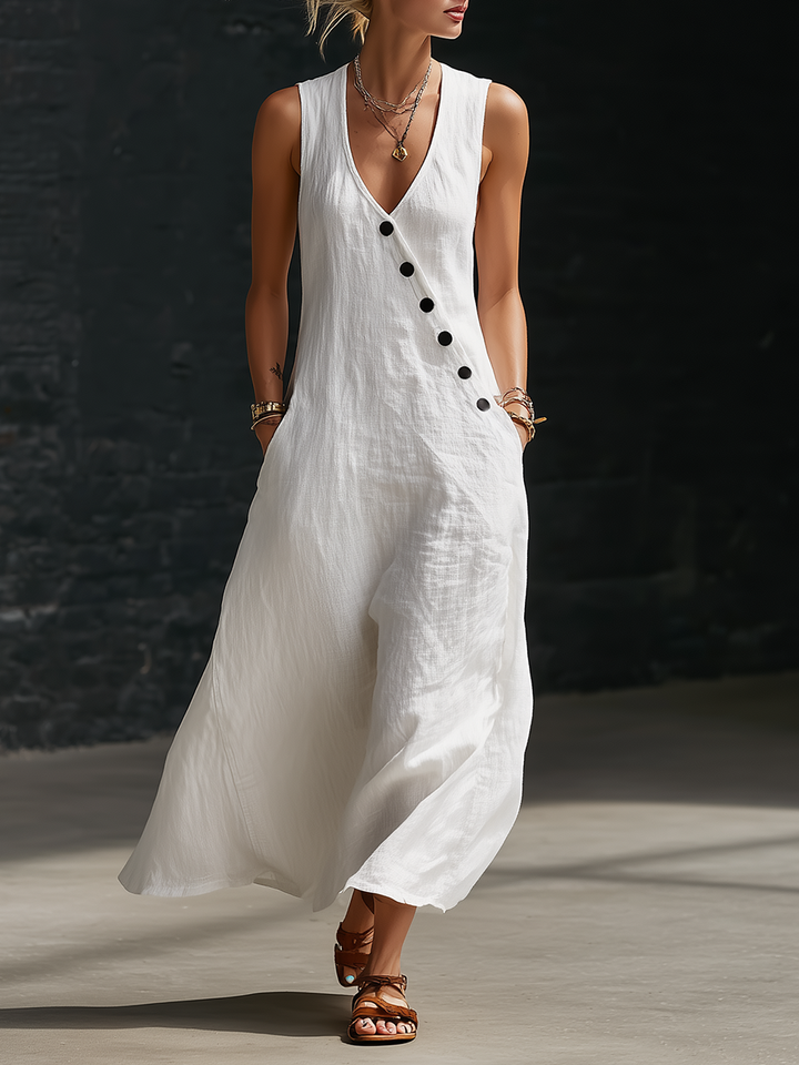 Robe maxi femme élégante et confortable, parfaite pour le printemps-été, avec col V et boutons décoratifs.
