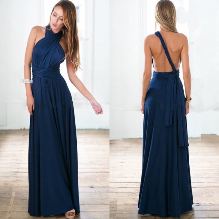 Robe maxi femme élégante, dos nu, offrant confort et style pour invitée de mariage en été.