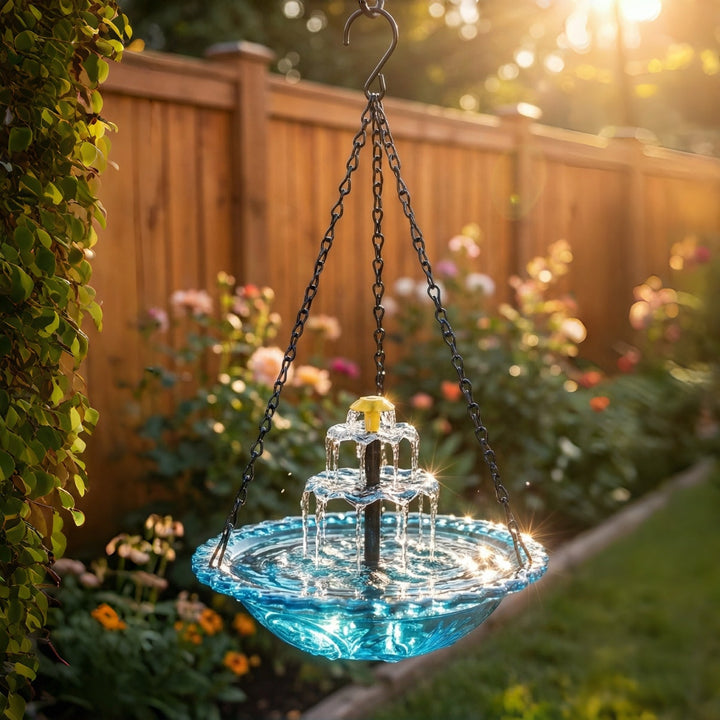 Fontaine solaire suspendue sans fil, cascade pour oiseaux et jardin, décoration zen pour balcon et terrasse.