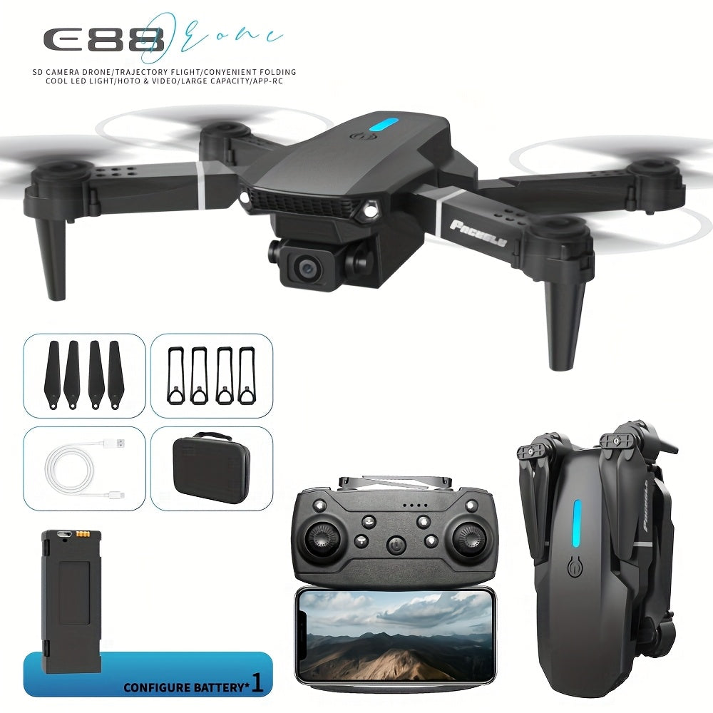 Drone E88 stable pour vol intérieur, avec double caméra et maintien de hauteur. Parfait pour les débutants.