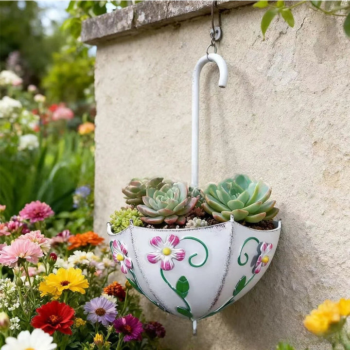 Pot de fleurs mural suspendu en fer, design parapluie vintage, pour décoration de jardin, balcon ou terrasse.