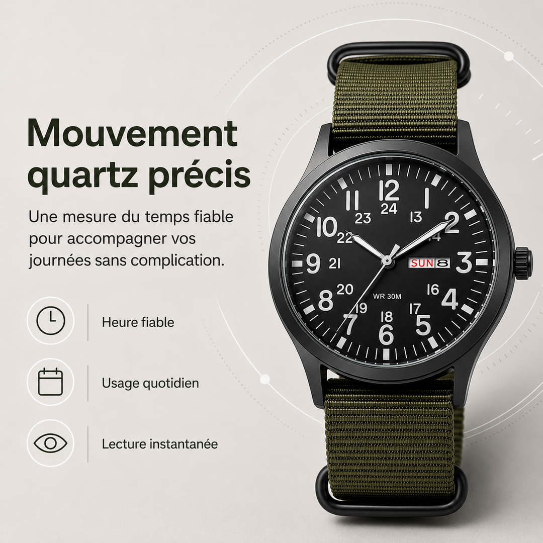 Cadran de montre homme avec verre saphir, aiguilles lumineuses. Design élégant et fonctionnel.