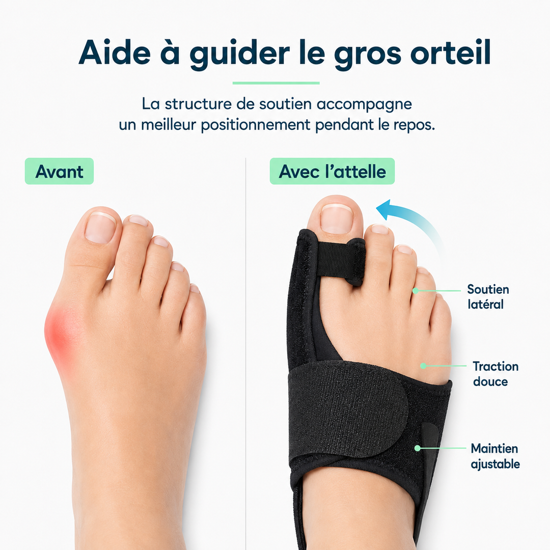 Attelle de nuit Hallux Valgus portée sur le pied, assurant un soutien constant et confortable de l'orteil pendant le sommeil.