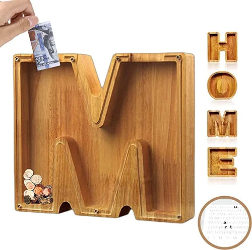 Tirelire personnalisée, bois naturel, lettre L. Excellente idée cadeau pour les économies.