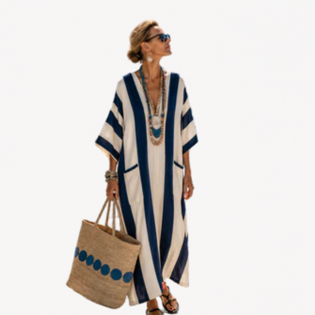 Robe kaftan longue et fluide pour femme, idéale pour l'été, la plage et les vacances. Confort estival garanti.