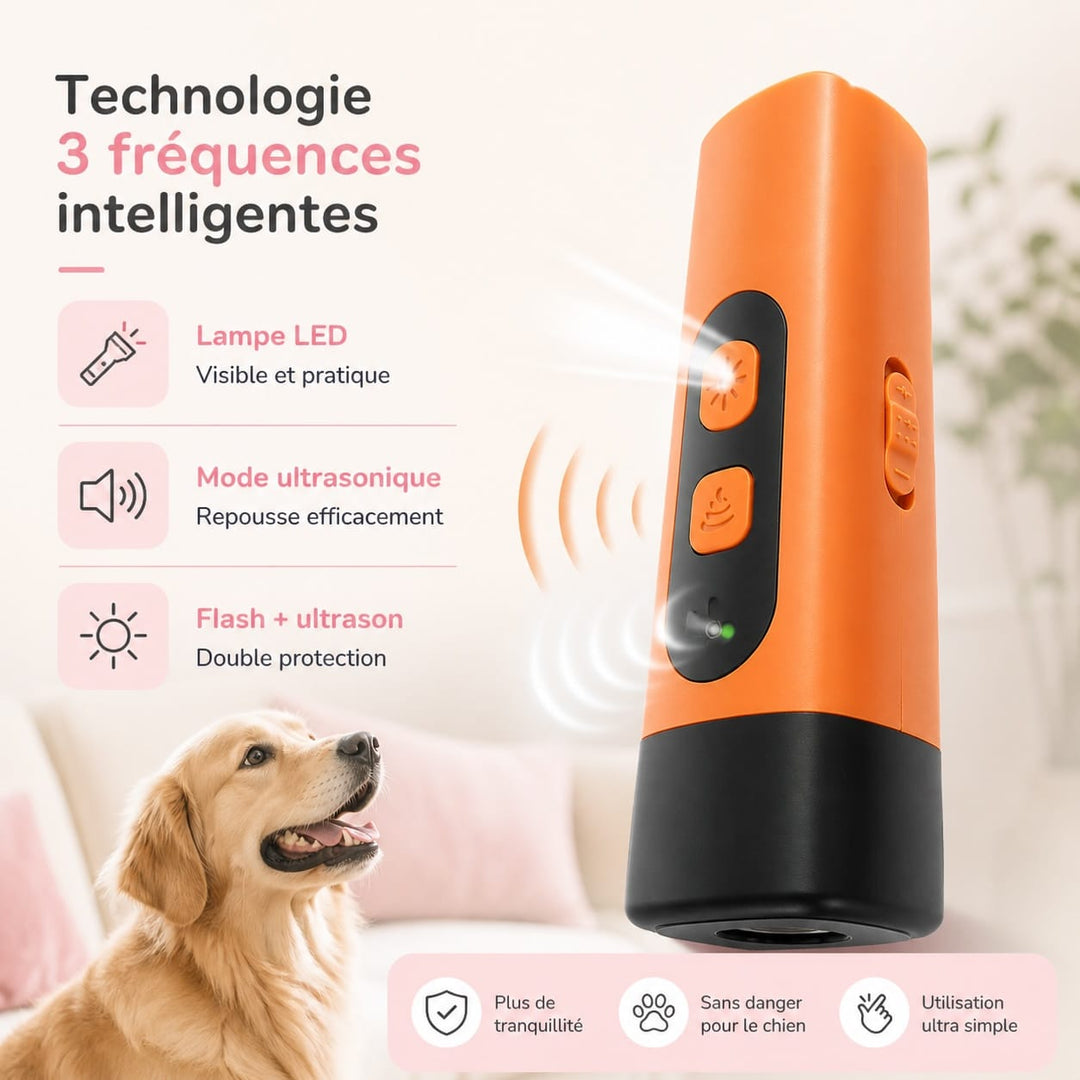 Éducateur canin ultrasonique. Aide au dressage anti-aboiement doux pour un chien tranquille et obéissant.