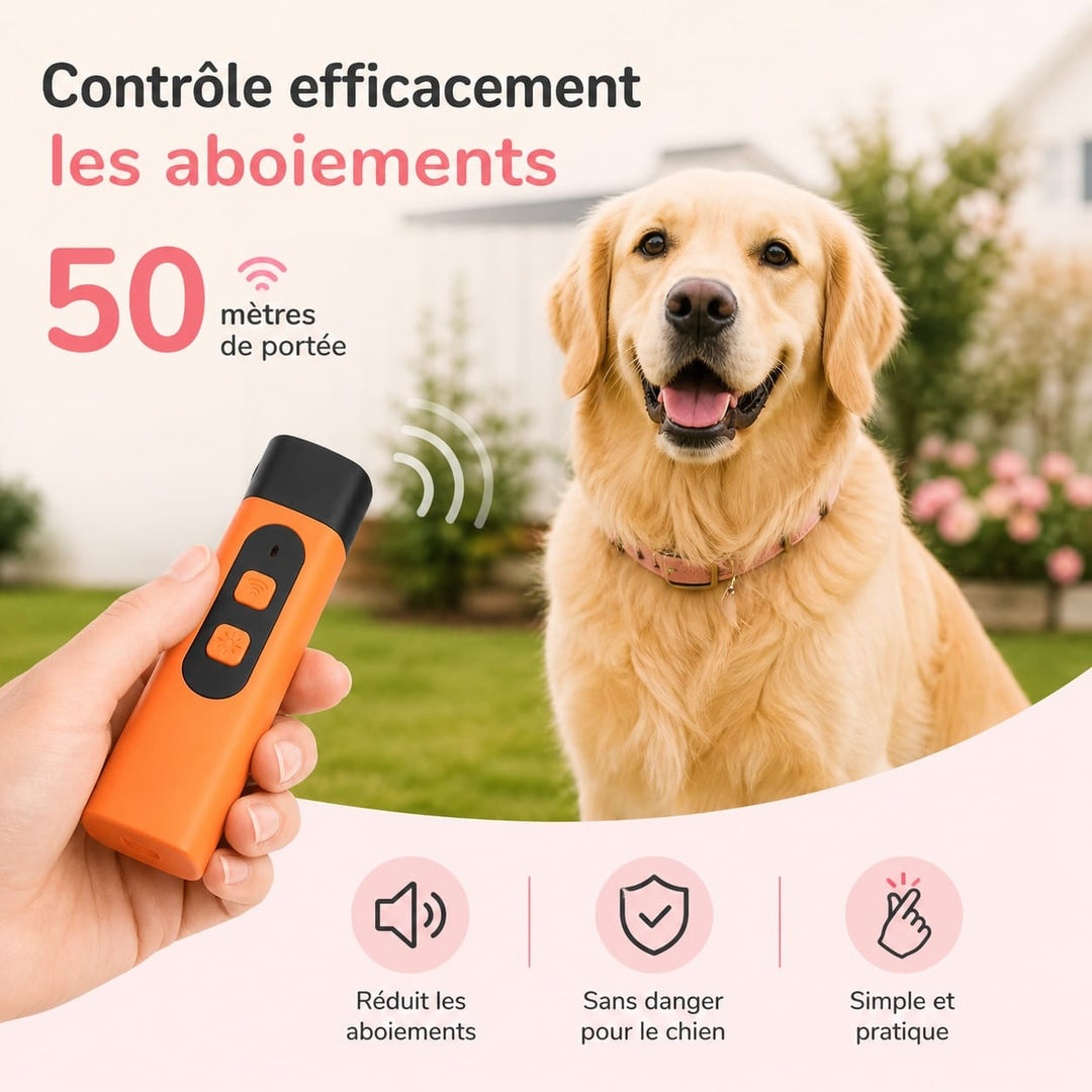 Solution anti-aboiement ultrasonique pour chien. Favorise la tranquillité des animaux par éducation douce.