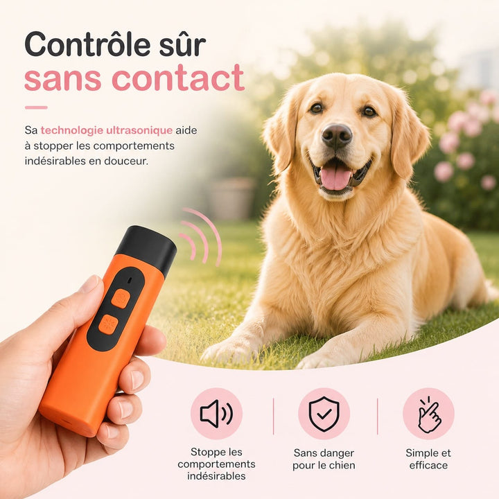 Dispositif anti-aboiement compact et portable. Ultrasonique, idéal pour l'éducation canine et le contrôle des aboiements.