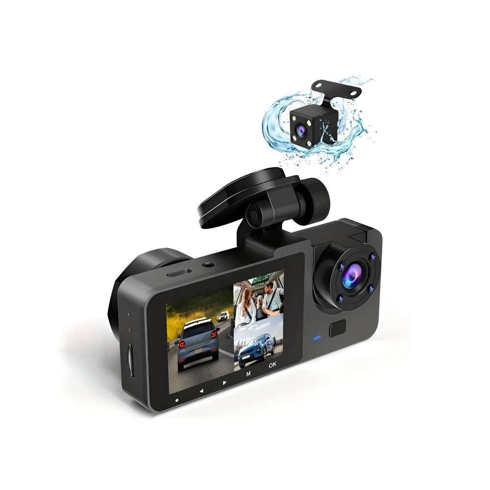 Dashcam Full HD 1080p facile à installer, double caméra pour une sécurité routière et protection auto accrue.