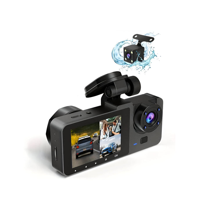 Dashcam Full HD 1080p facile à installer, double caméra pour une sécurité routière et protection auto accrue.