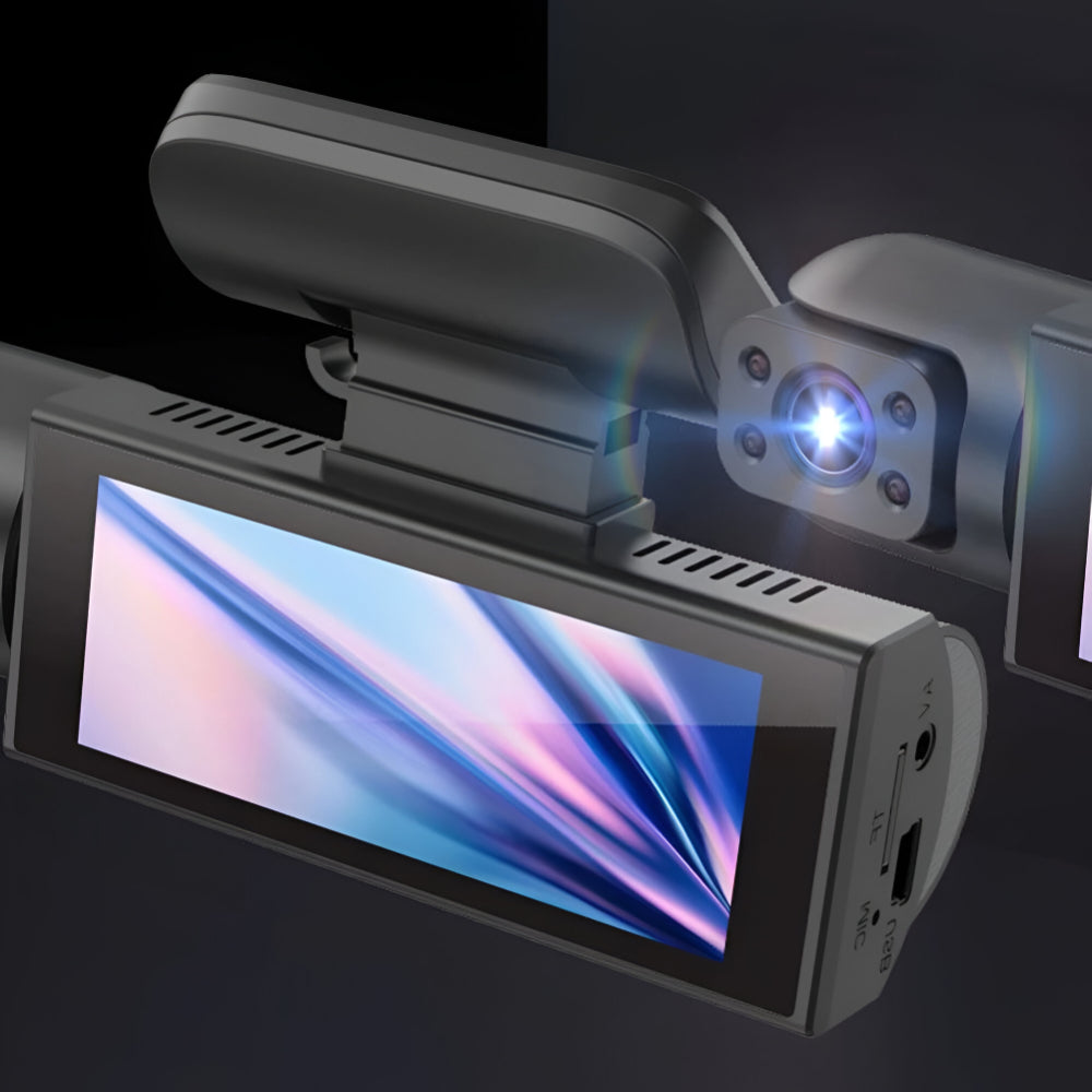 Enregistreur vidéo double caméra Full HD installé dans un véhicule pour protection et surveillance auto.