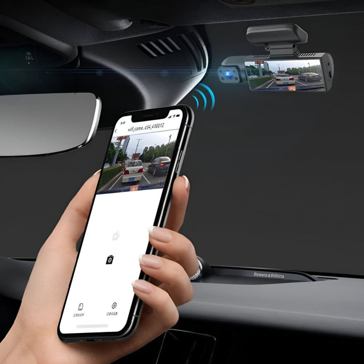 Dashcam voiture compacte Full HD avec écran, double caméra, essentielle pour la surveillance et la protection.