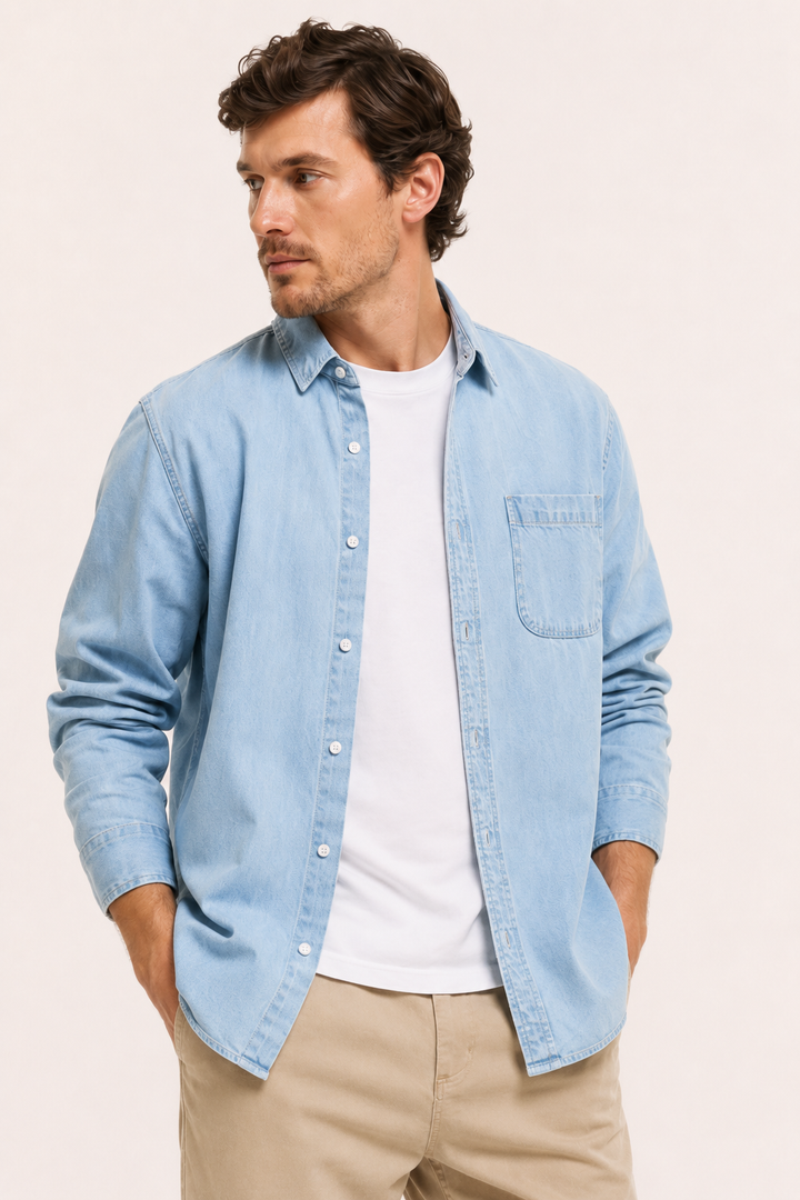 Chemise homme polyvalente à manches longues, col classique et poche poitrine. Mode masculine décontractée chic.