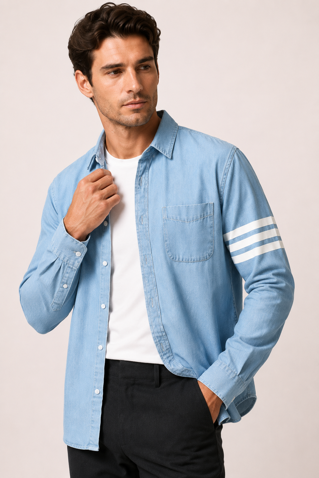 Chemise en jean homme chic décontractée, manches longues, poche, idéale pour toute tenue automne-printemps.
