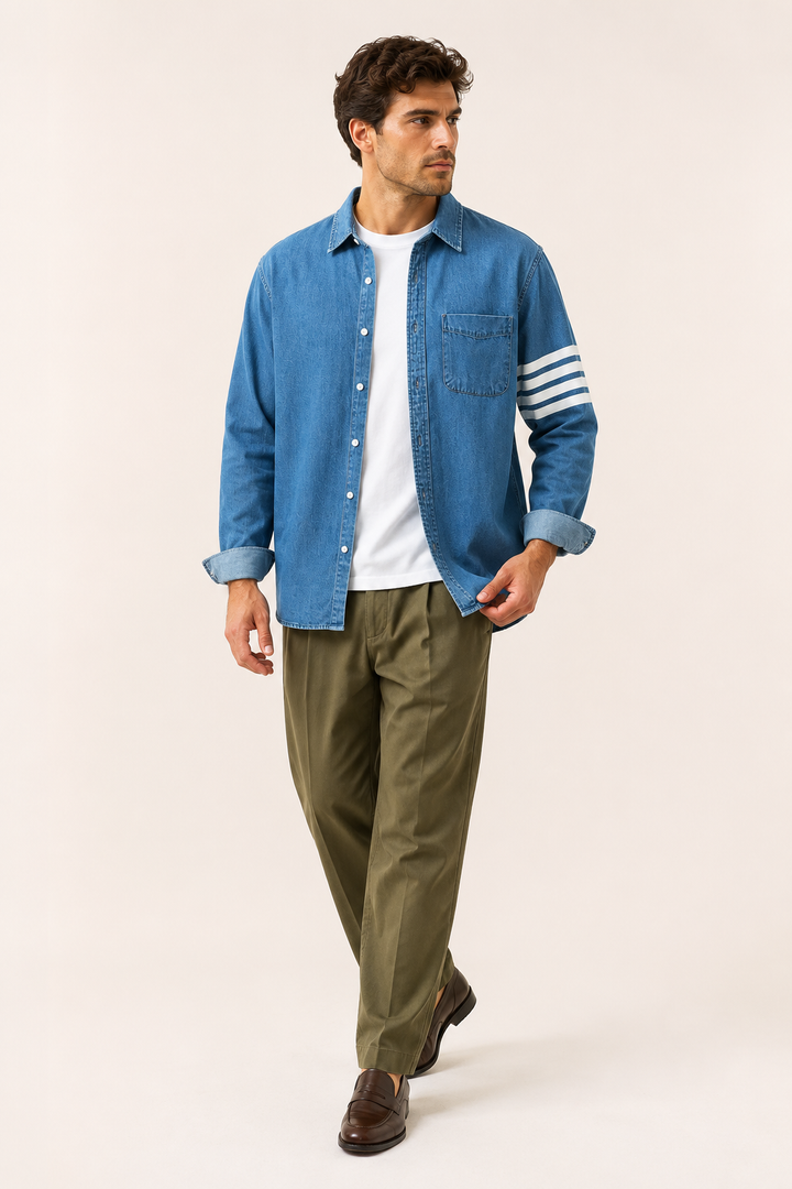 Chemise en jean homme coupe décontractée, matière denim robuste, manches longues et poche poitrine pour le style.