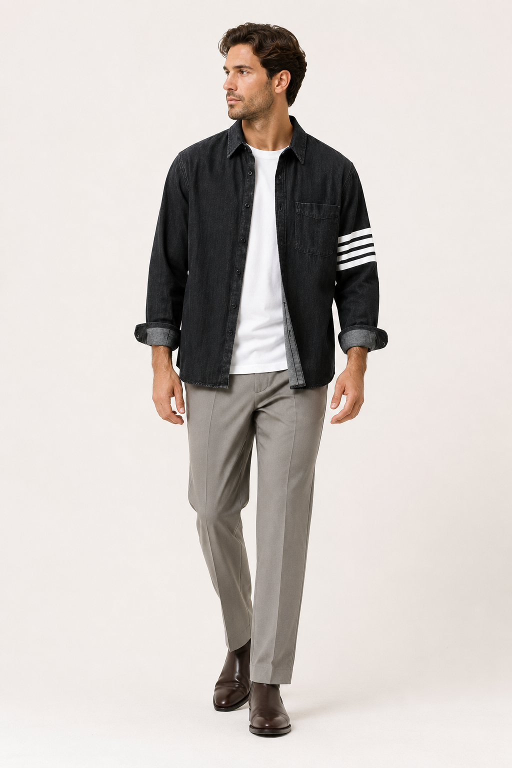 Chemise en jean bleu foncé pour homme, décontractée, à manches longues avec poche, idéale pour l'automne.