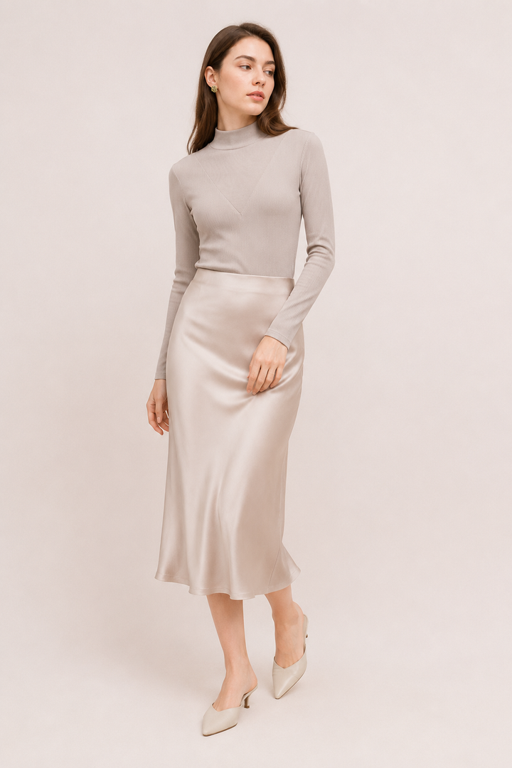 T-shirt femme élégant pour automne/hiver, coupe ajustée, col montant court et détail V raffiné. Manches longues.
