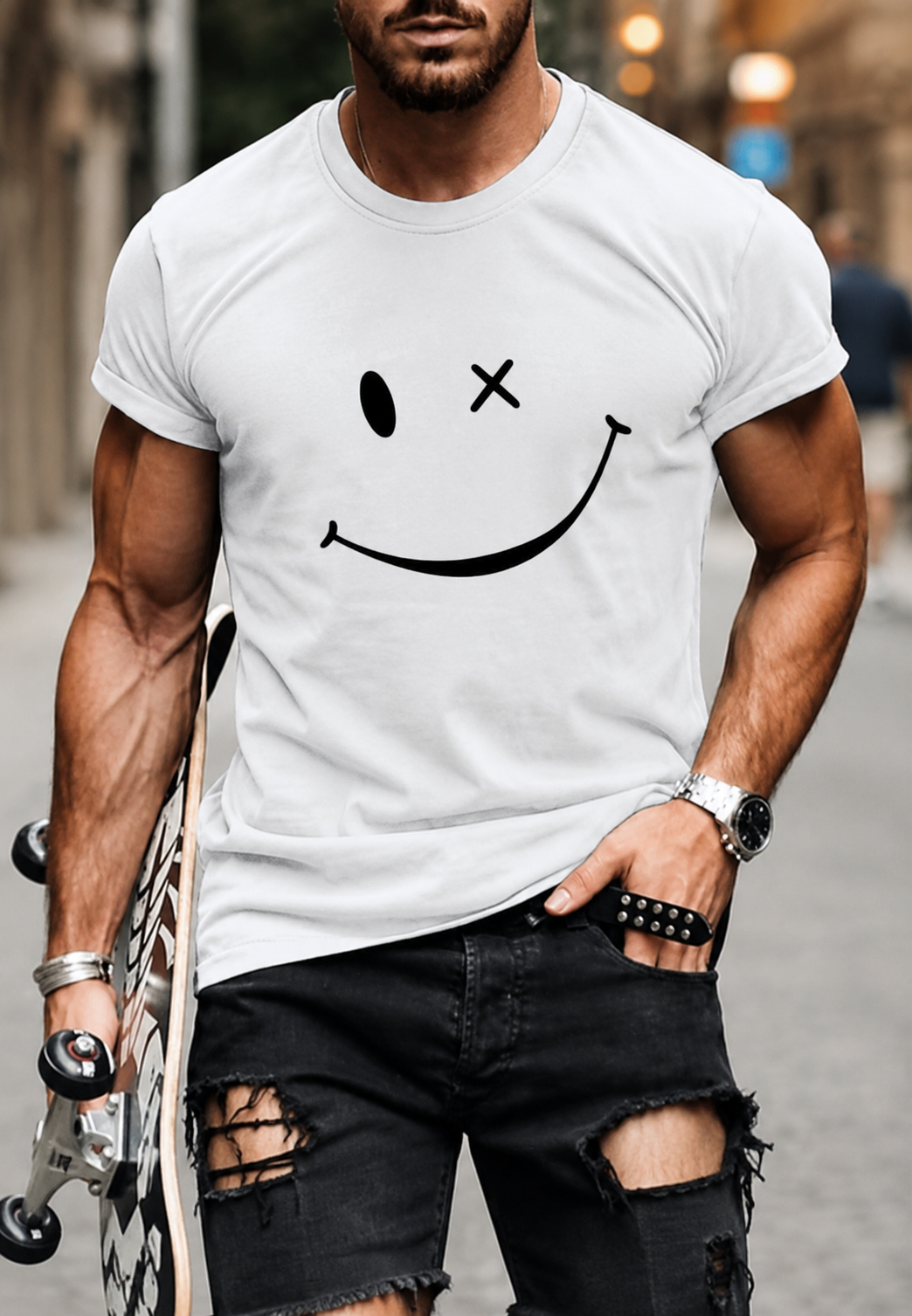Mode homme : T-shirt graphique décontracté à manches courtes et col rond, motif stylé rose, gris, blanc. Printemps/été.
