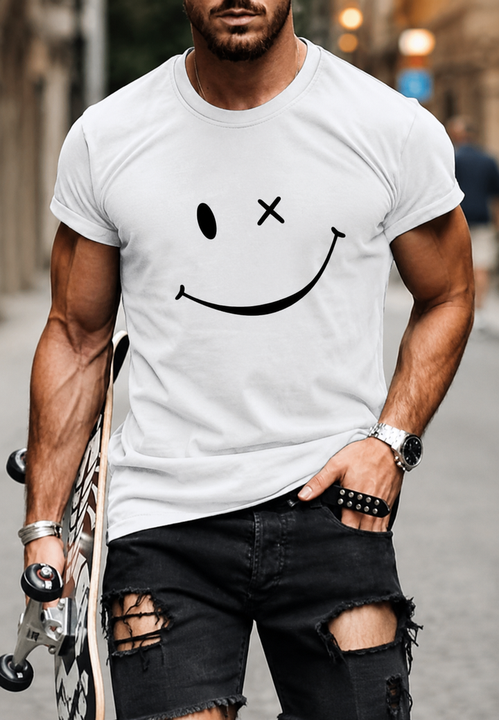 Mode homme : T-shirt graphique décontracté à manches courtes et col rond, motif stylé rose, gris, blanc. Printemps/été.