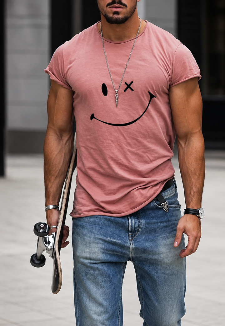 T-shirt graphique homme décontracté à col rond, manches courtes, motif moderne rose, gris et blanc pour l'été.